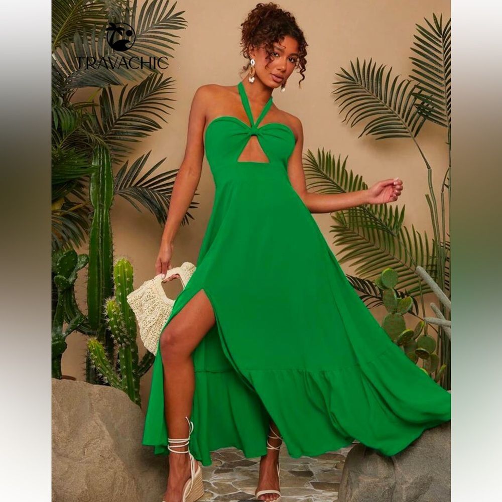 SHEIN Travachic Vibrant Green Halter Ruffle Maxi Front Cutout Dress Size Small